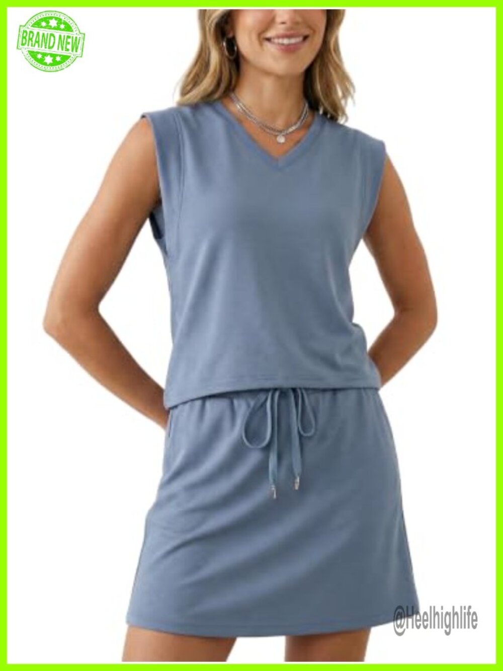Women Summer 2 Piece Skort Set Sleeveless V-Neck Top Tennis Skirt Pockets